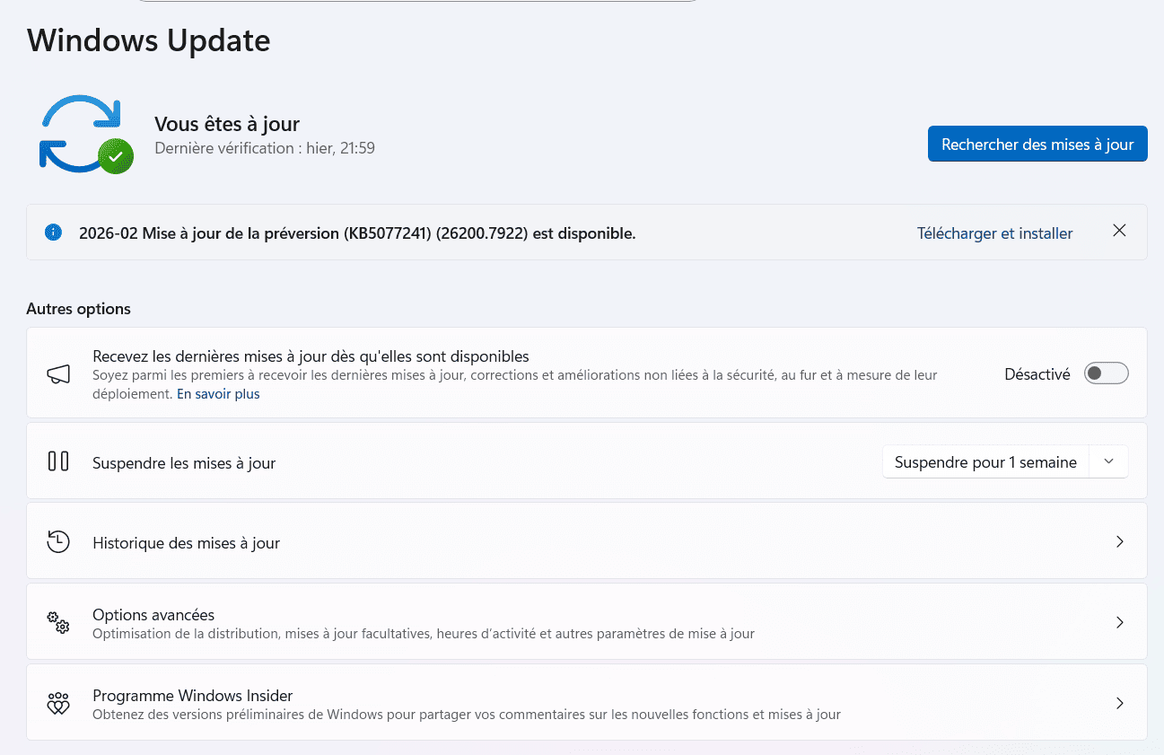 paramètres de mises à jour sous windows 11